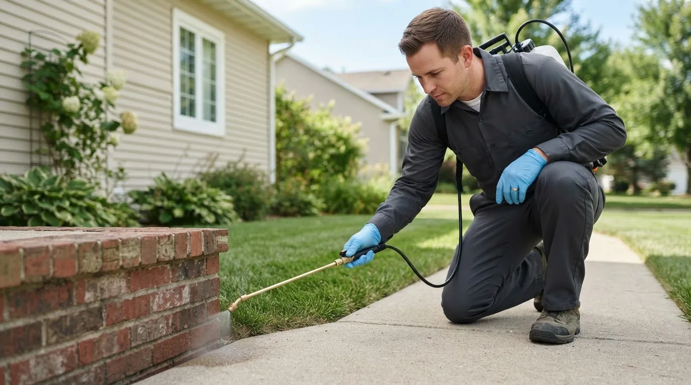 Pest control technician treating a home near Northfield, MA